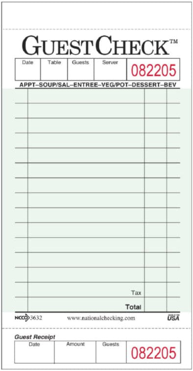 NCCO International - 3.5" x 6.75", 1-Part Green Guest Check, 2500/Cs  - GC3632-1